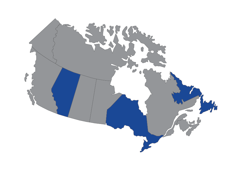 Vector map of Canada highlighting Alberta, Ontario, and Newfoundland and Labrador as Pegasus Property Management service areas.